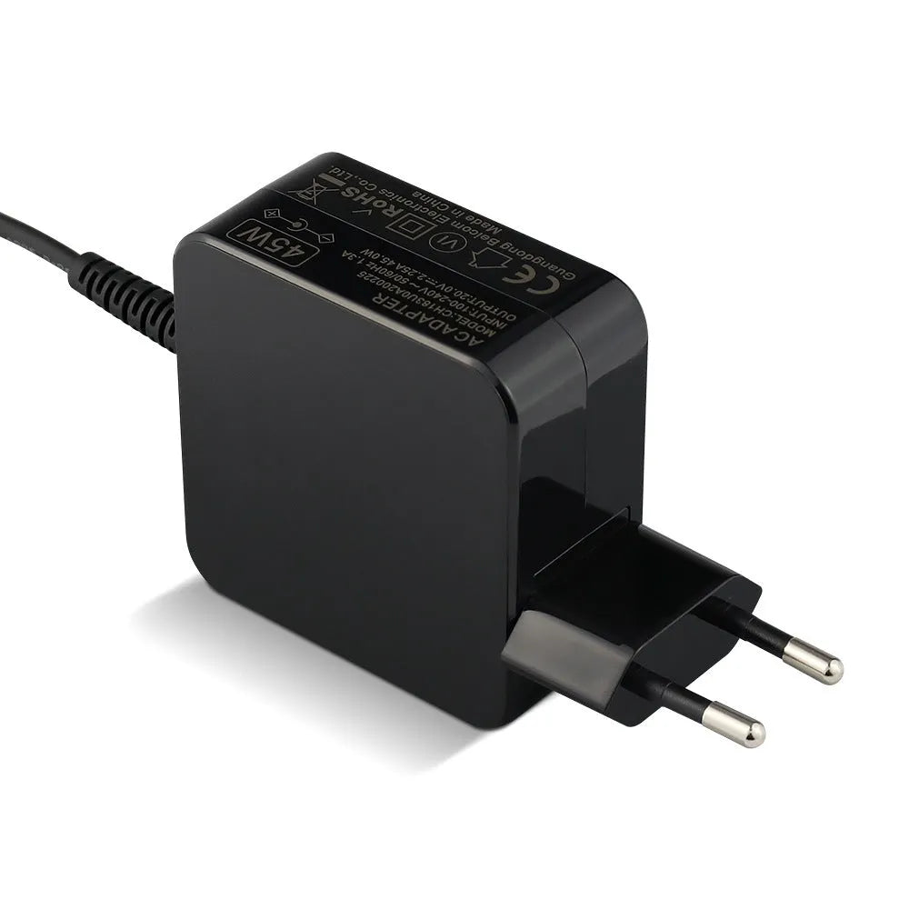 Black 45W laptop power adapter with US plug and attached DC charging cable.