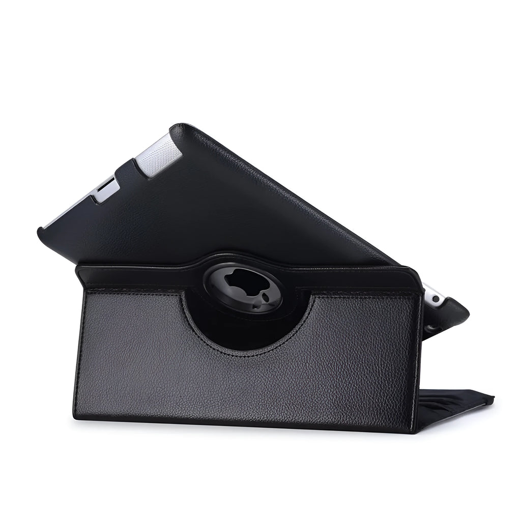 iPad PU leather clam shell protective case shown in various colours including pink, blue, and black.