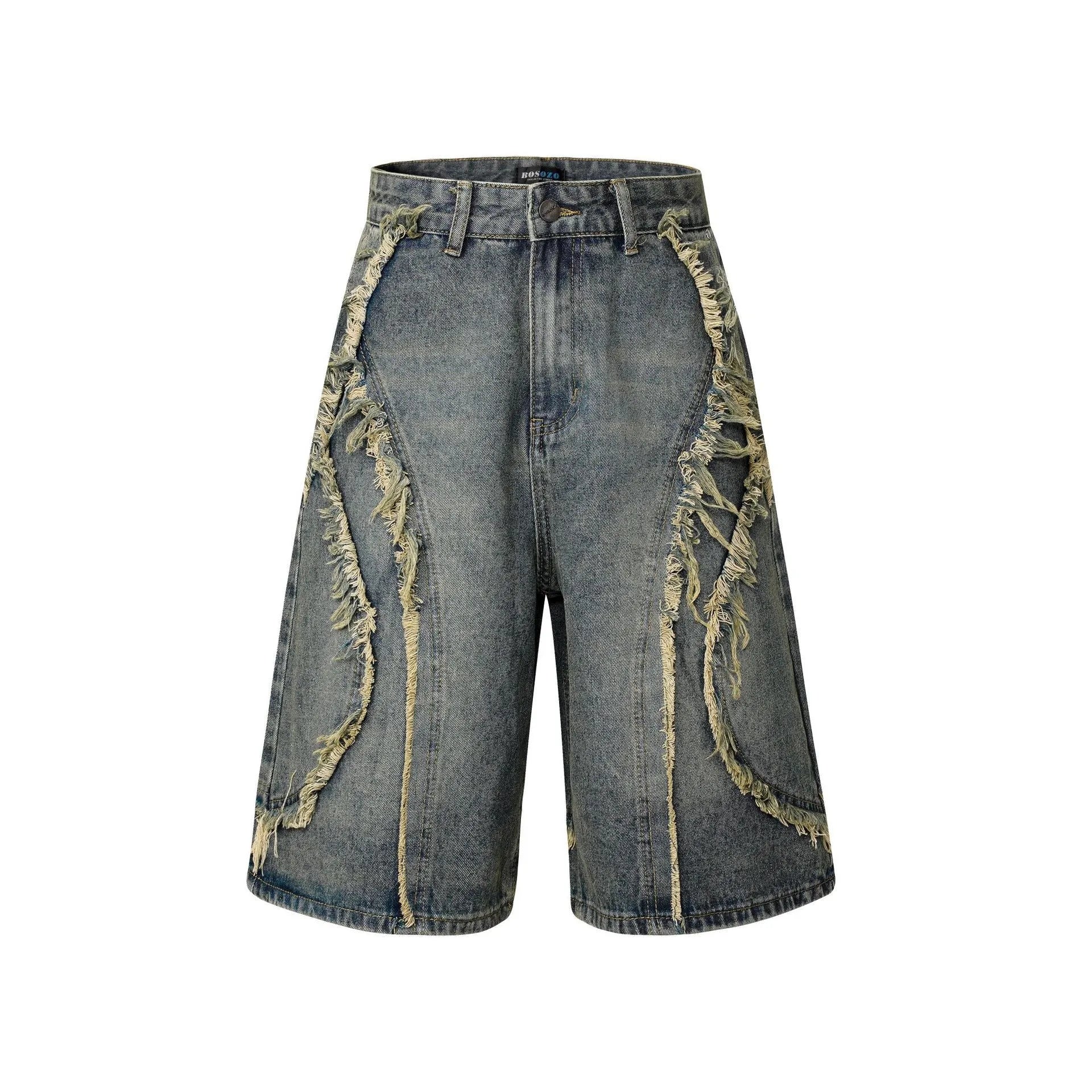American Pu Shuai distressed straight leg denim shorts in black, shown with raw hem details.