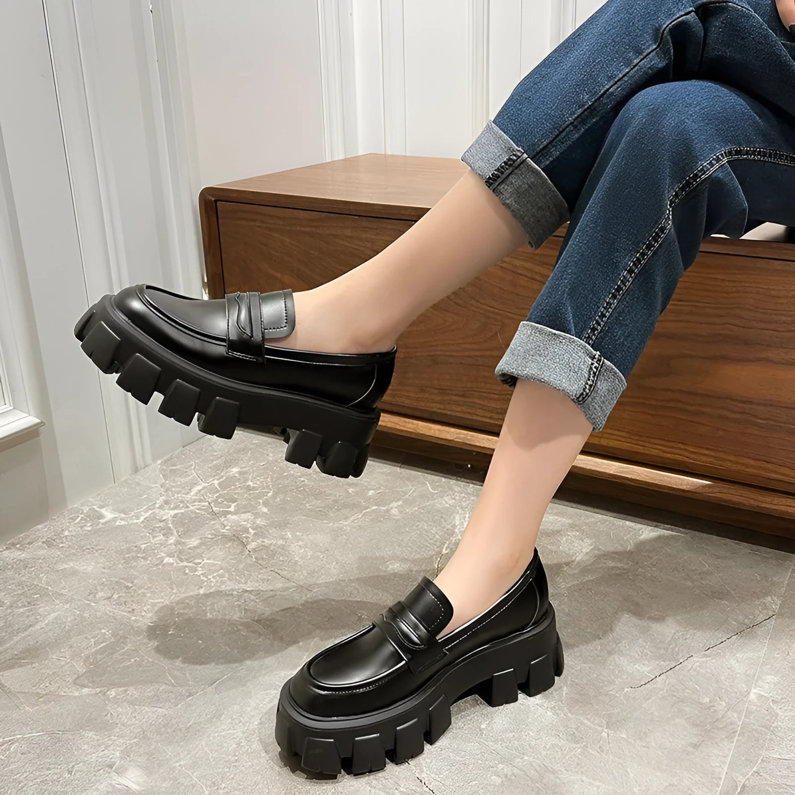 British style wide fit loafers in matte or patent leather with fat foot design and rubber soles