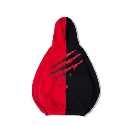Patchwork hooded sweatshirt with letter printing in white and gules, loose fit, sizes S-2XL.