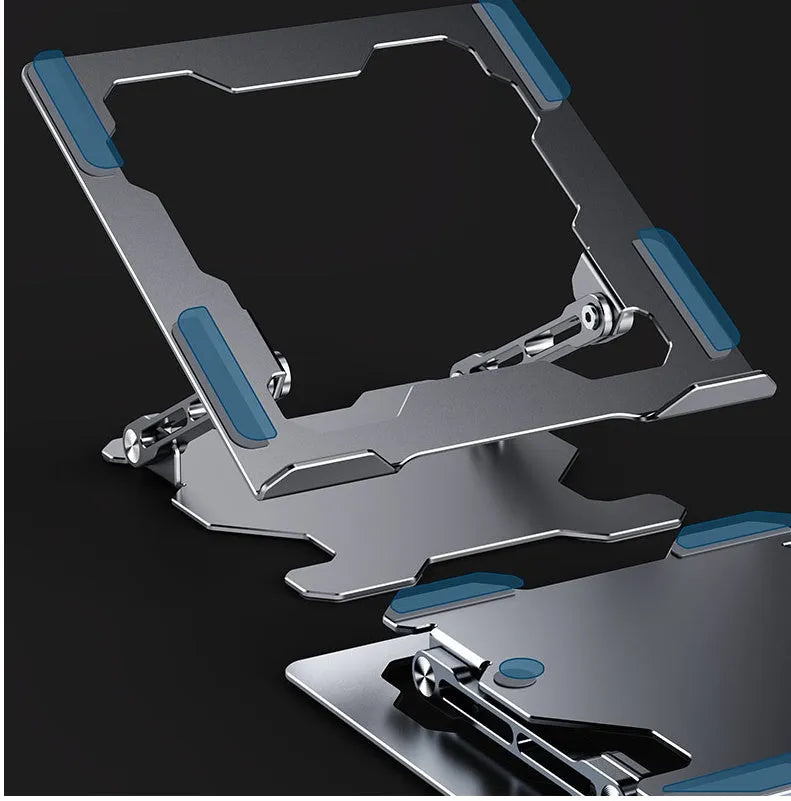 Grey adjustable aluminum laptop stand in folded and open positions on a wooden desk