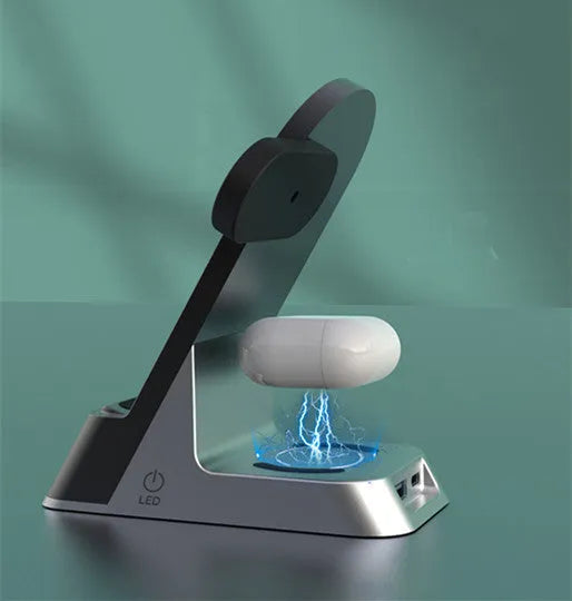 Creative H35 multifunctional wireless charging station with alarm clock in black, showing phone, watch, and earbud charging pads