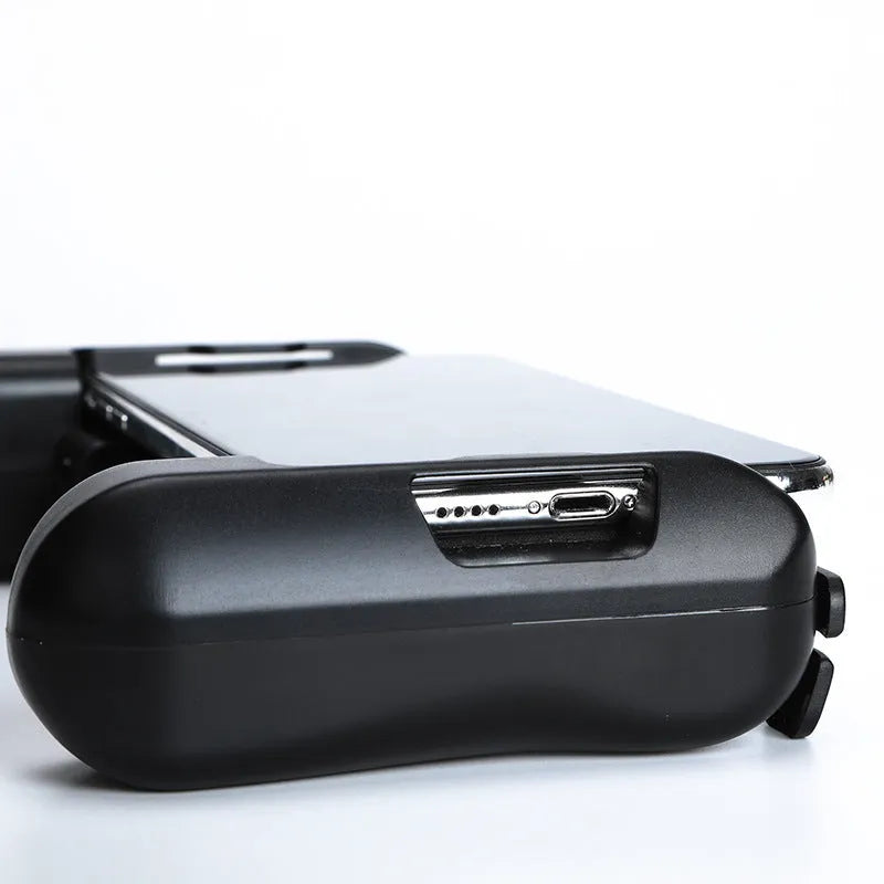 Black cooling Bluetooth mobile game controller for Apple iPhone, showing compact design.