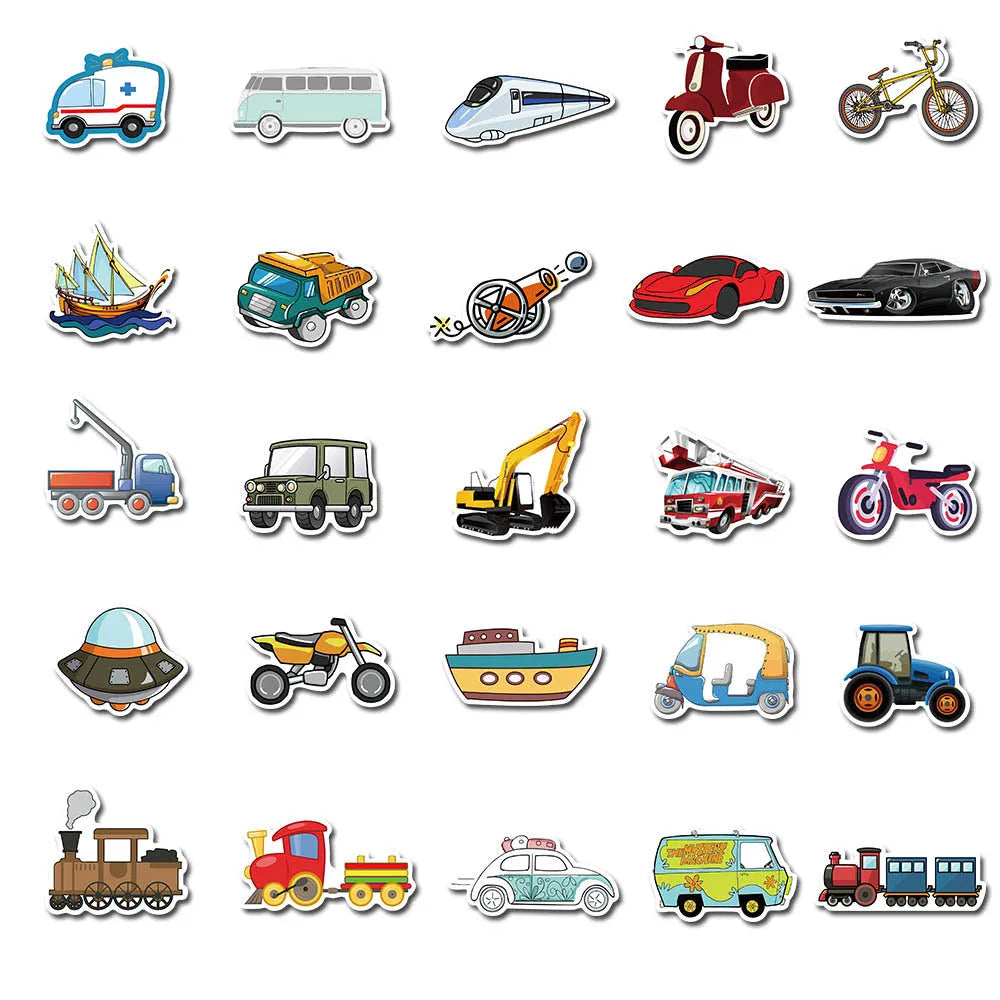 Colourful cartoon car and excavator graffiti stickers on a white background, 4x6cm each