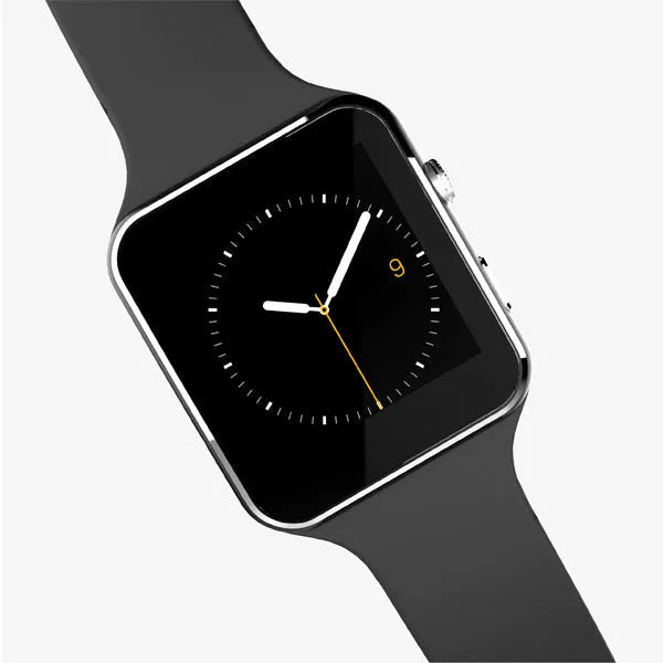 Smart watch with 1.54 inch touchscreen on a silicone strap, shown in black colour.
