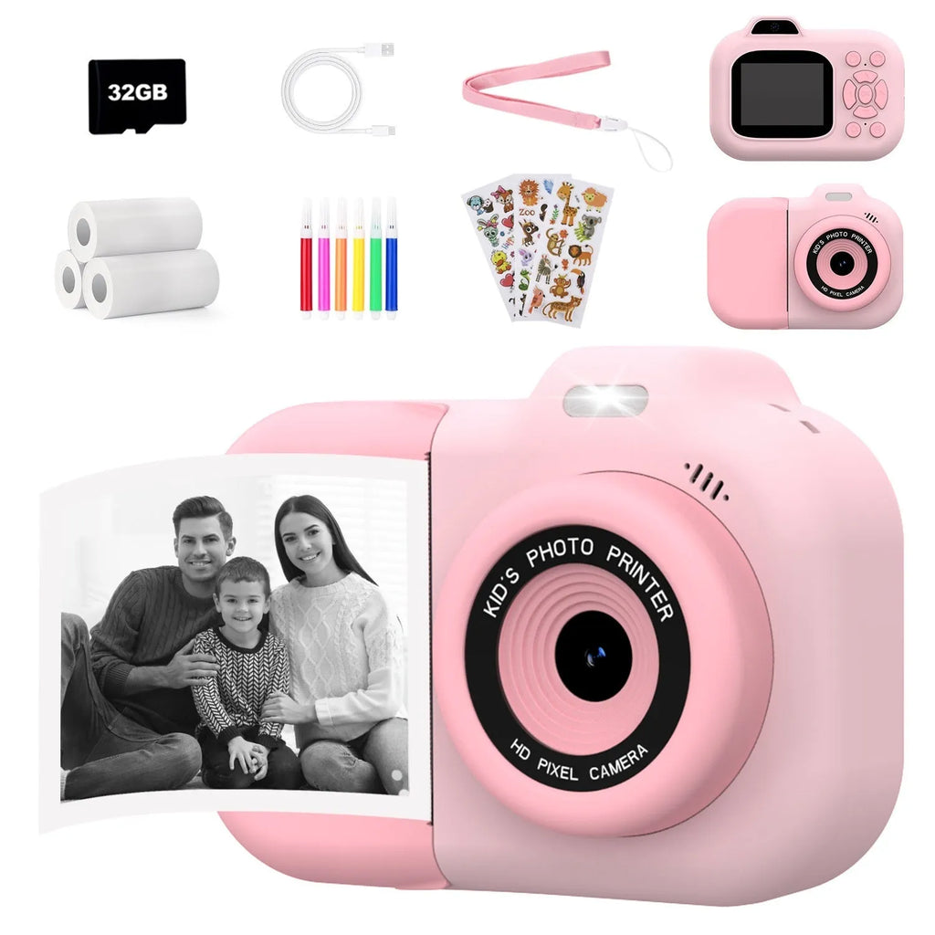 Children's digital toy camera in pink, blue, or purple colour with video recording and game functions.