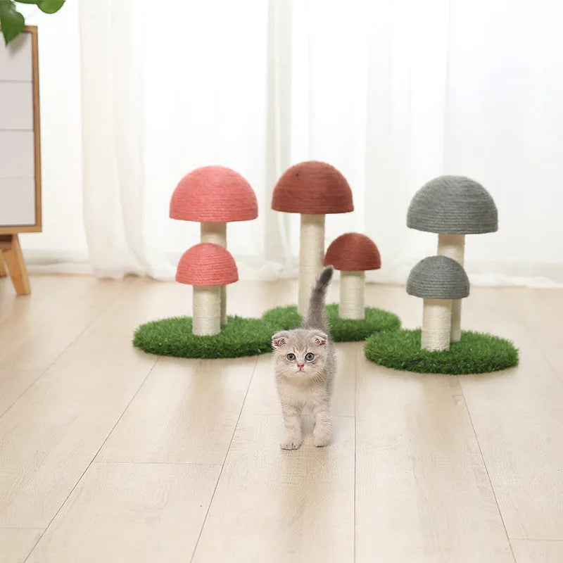 Natural linen mushroom cat scratch post in coffee colour with cotton rope and dangling ball
