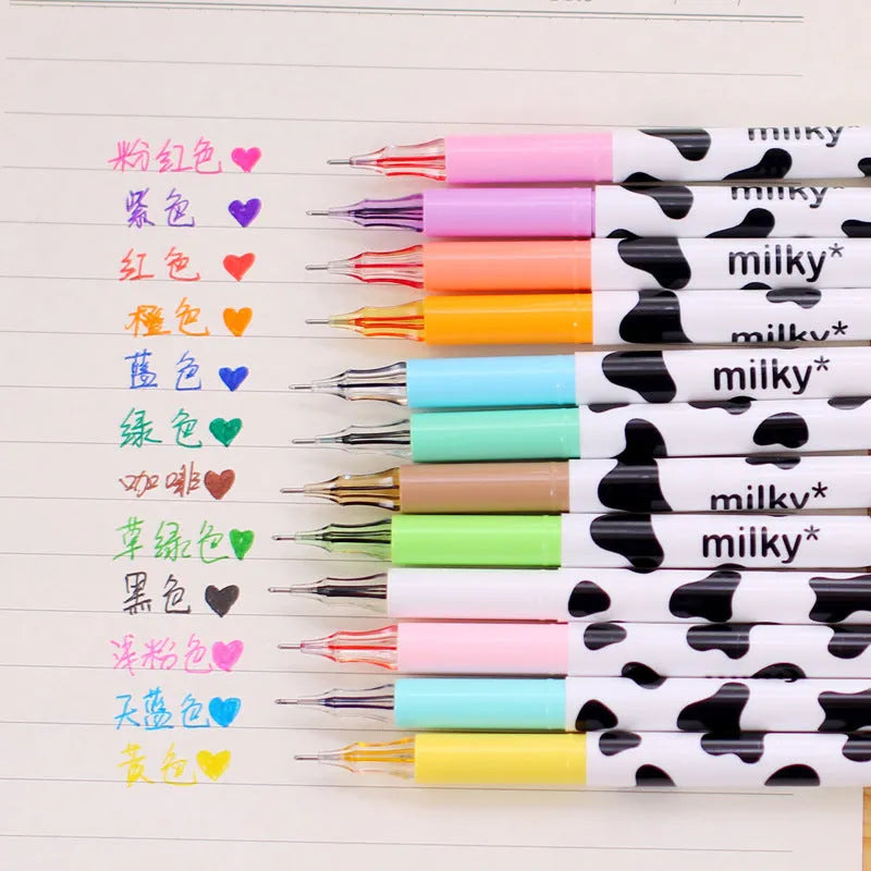 Set of 12 cow colour gel pens with 0.38mm tips in a box.