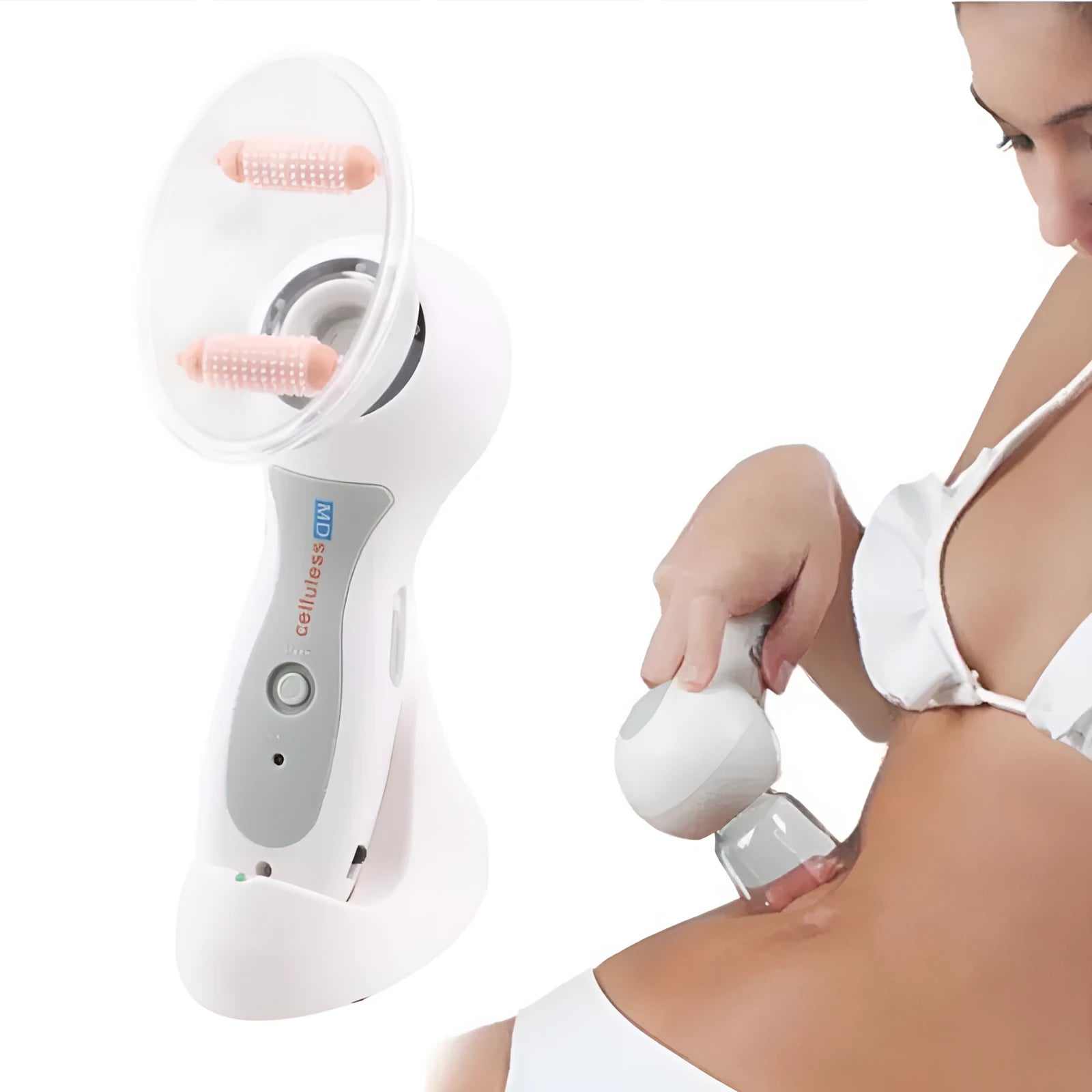 White portable body massage vacuum cans device with two different massaging rollers and AC adapter