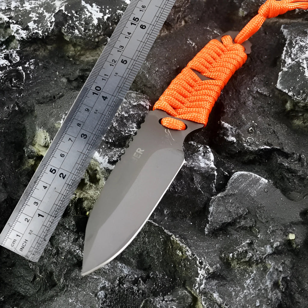 BG197 outdoor camping knife with a straight blade, rope handle, and black ABS plastic sheath.