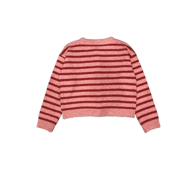 Women's long sleeve striped colour block cardigan in pink, white and black colours, cotton polyester fabric