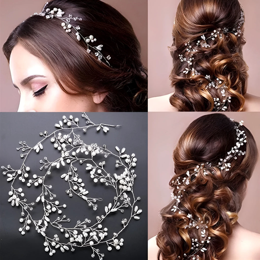 Gold wire hair band with pearls, shown alongside silver and rose gold colour options.