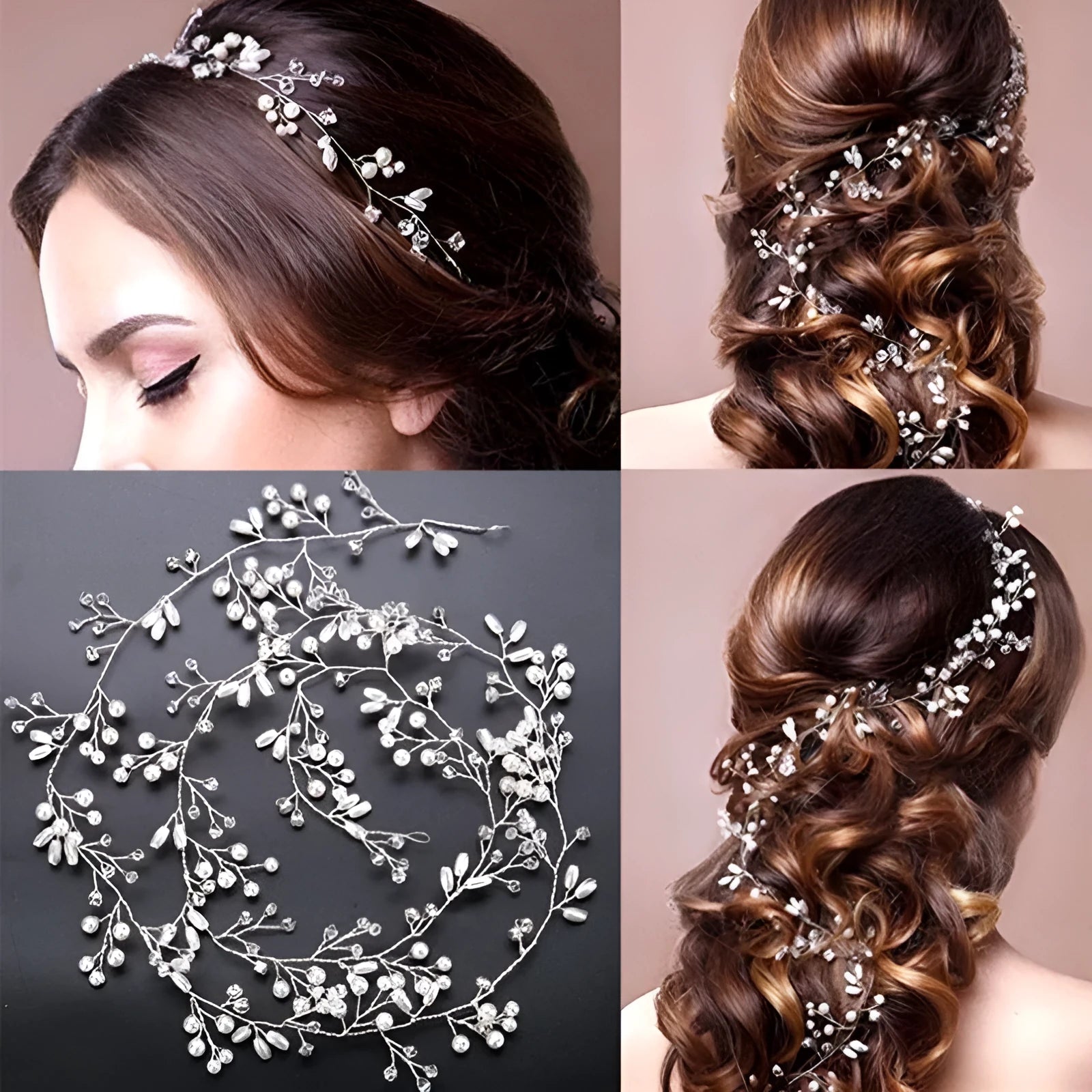 Gold wire hair band with pearls, shown alongside silver and rose gold colour options.