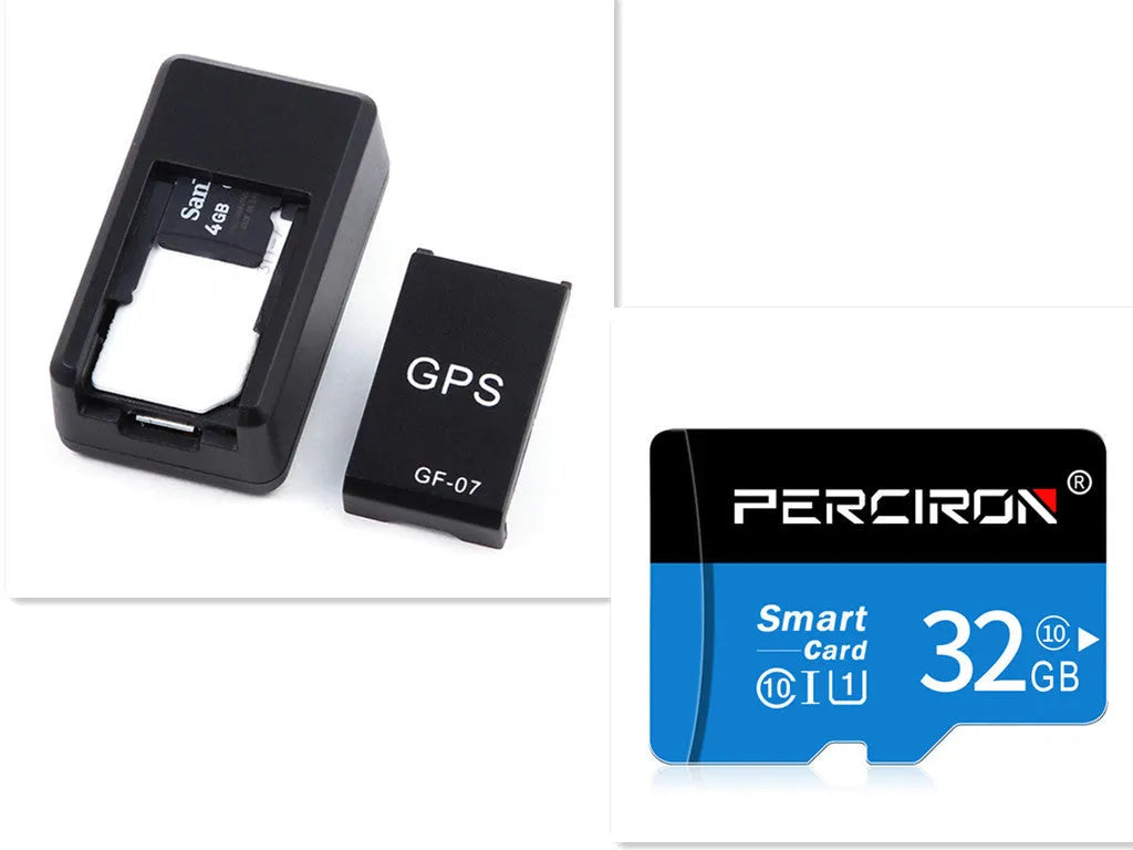 Small black magnetic GPS tracker device next to a USB charging cable.
