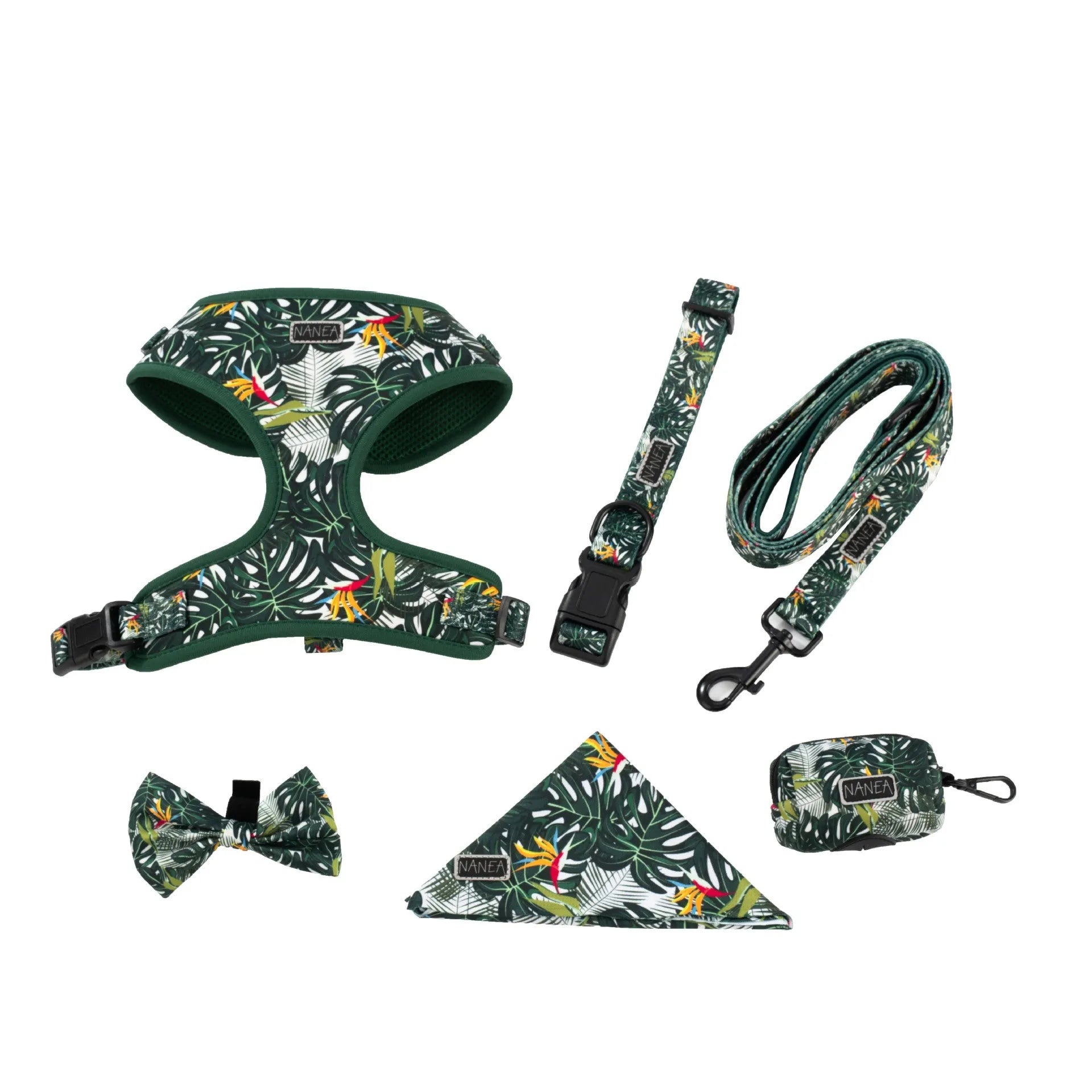 Adjustable cloth dog vest harness with haulage rope, collar, waste bag, bow tie, and scarf accessories