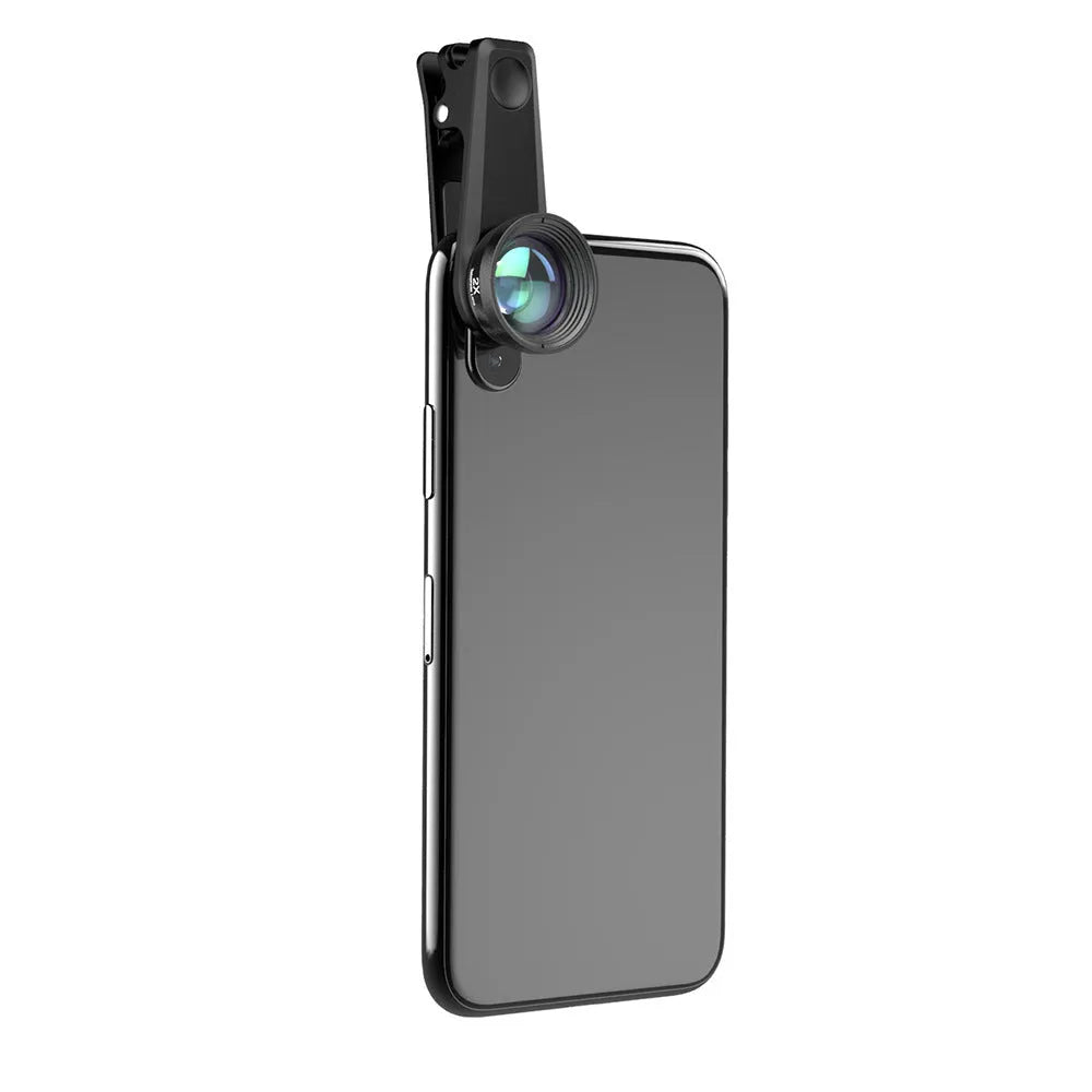 Black 6-in-1 smartphone camera lens kit with fisheye, wide-angle, telephoto lenses and filters in a case.