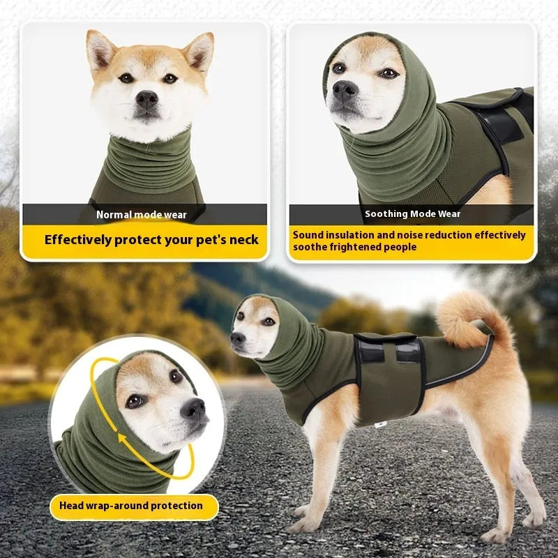 Army green polyester dog anti-anxiety jacket wrapped around a dog for calming pressure.
