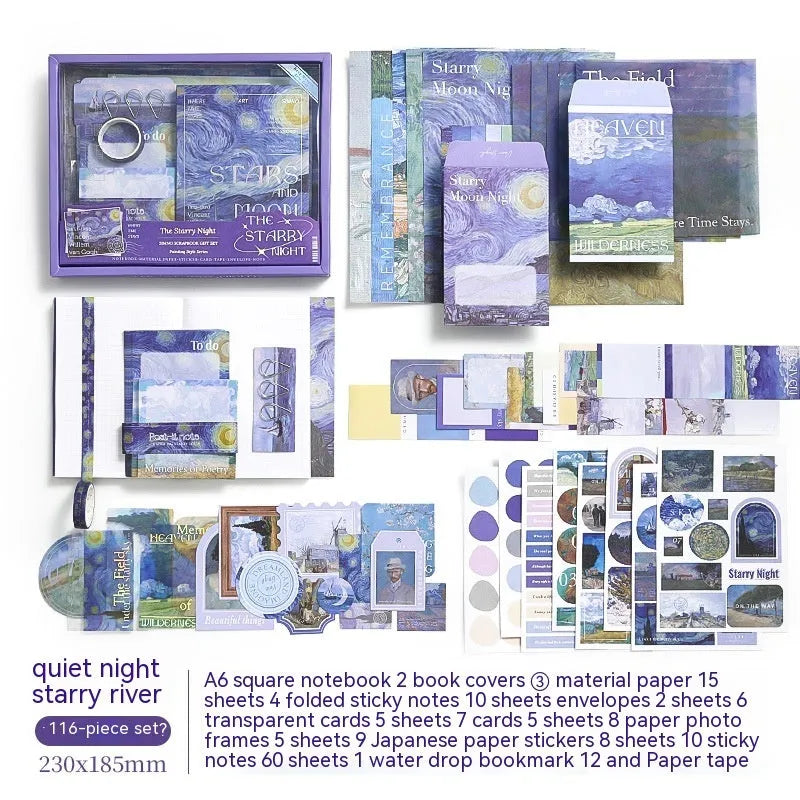 A6 grid creative journal gift box with retro plaid design showing notebook, cards, paper frames, stickers, and stationery accessories