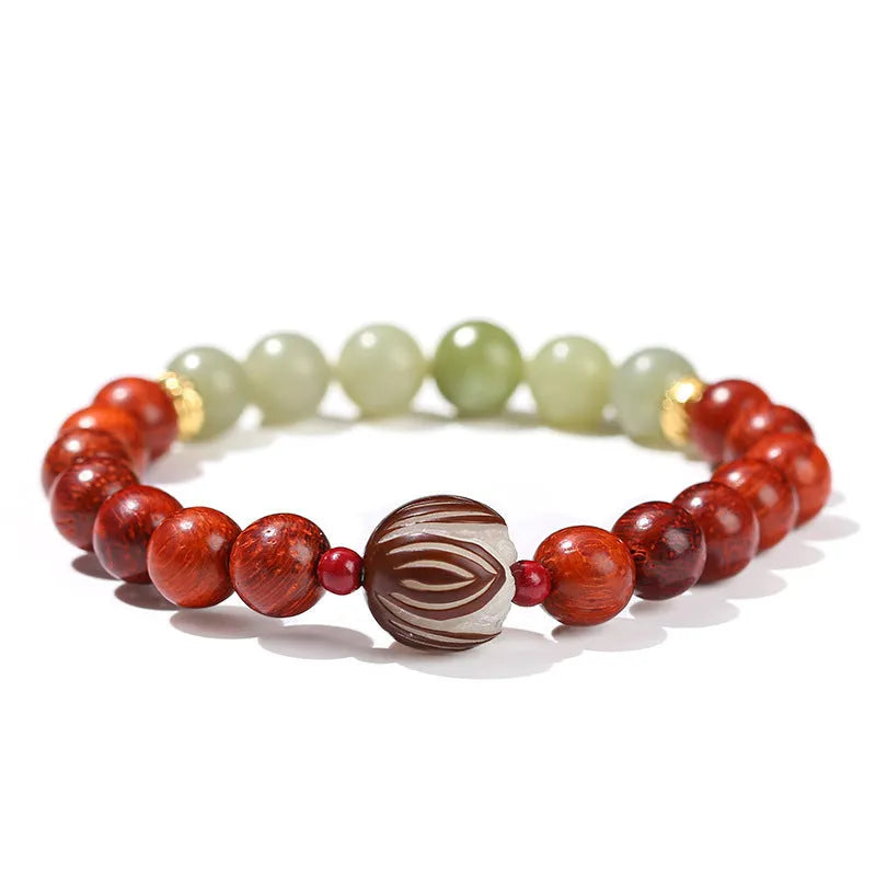 Red rosewood and gray jade Bodhi lotus bracelet with 12mm beads and Chinese style design