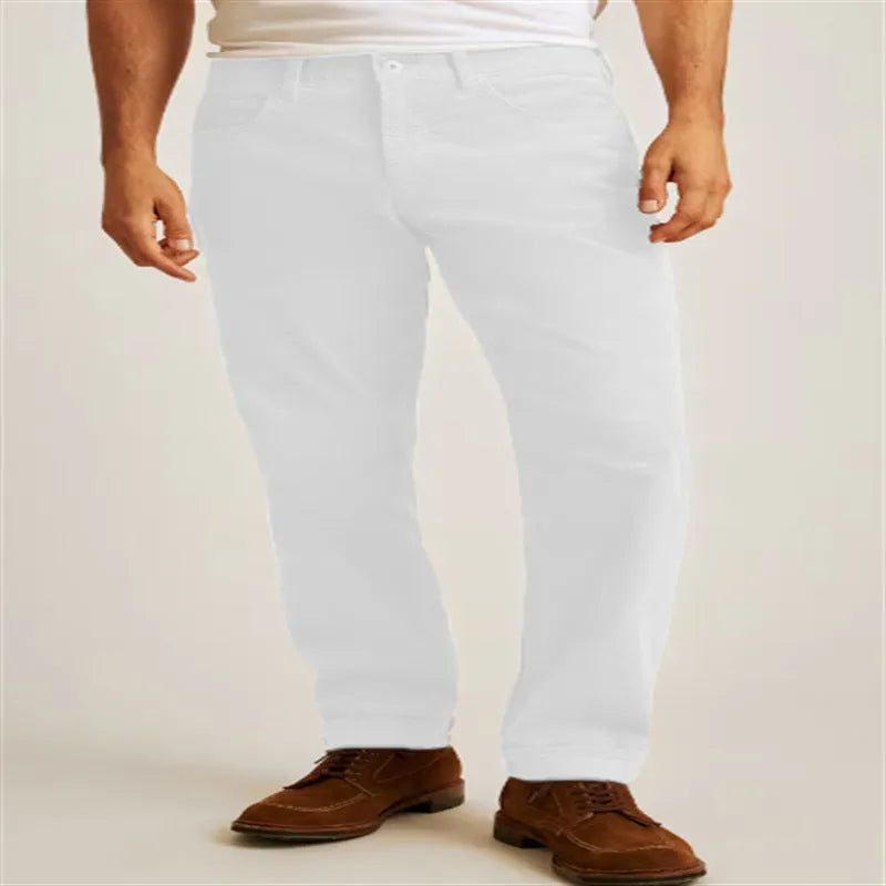 Men's straight leg corduroy trousers in a loose casual fit, shown in a solid colour with a mid-waist and zip fly detail.
