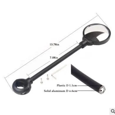Black metal bicycle rearview mirror with adjustable hose-clamp mount and integrated reflector