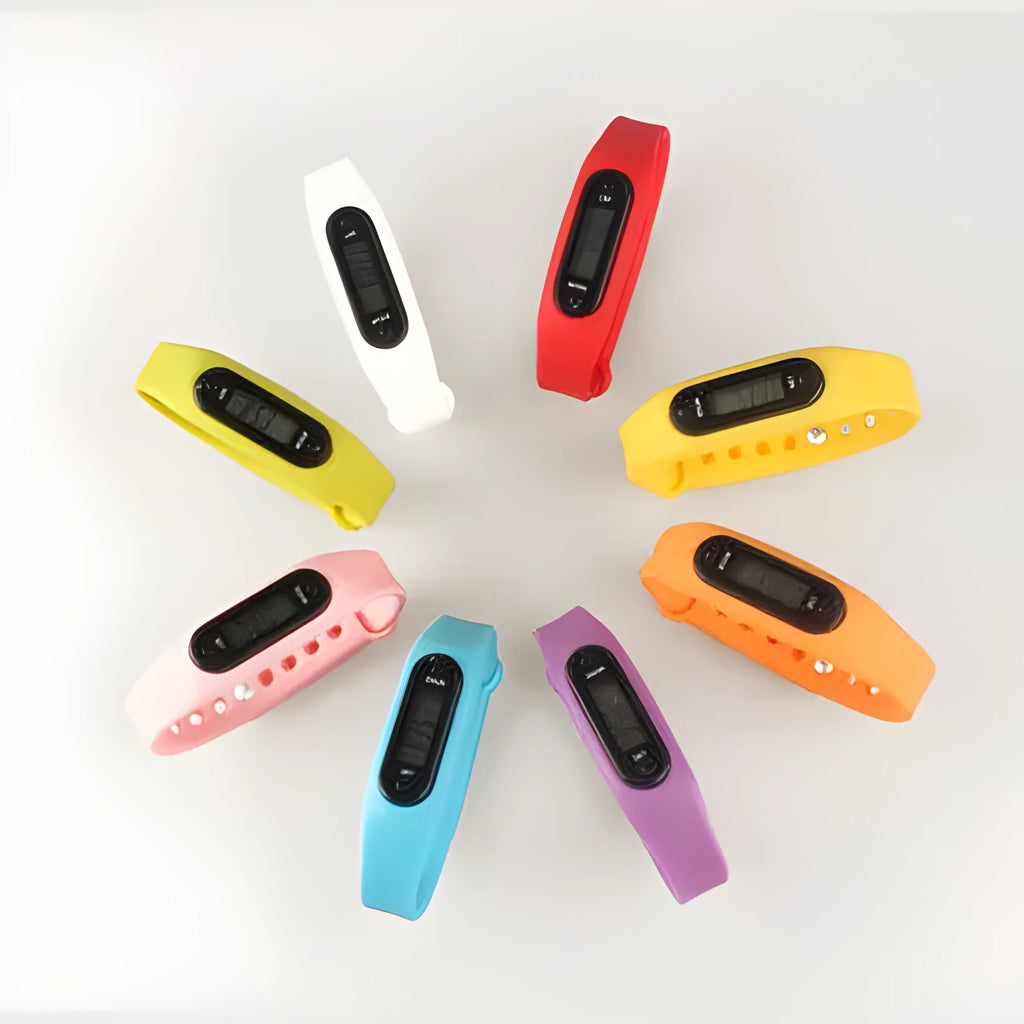 Pedometer watch wrist watch step tracker in seven colour options including blue, green, orange, pink, violet, white and yellow