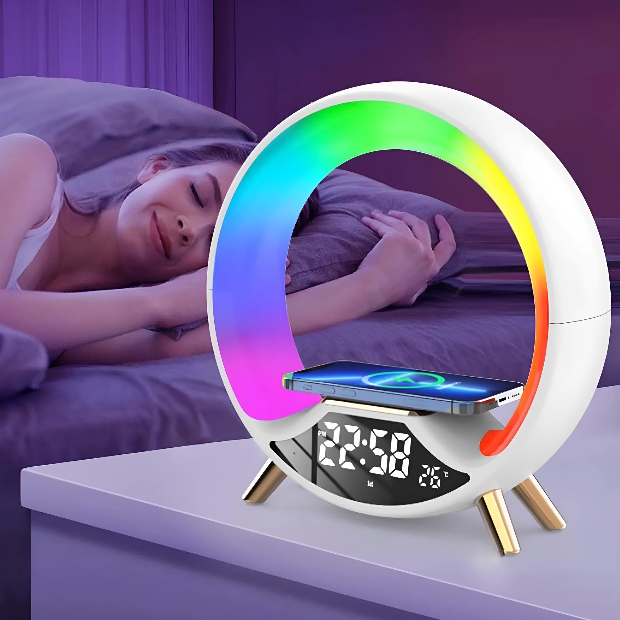 Multifunctional wireless charging Bluetooth speaker night light with clock display on bedside table.