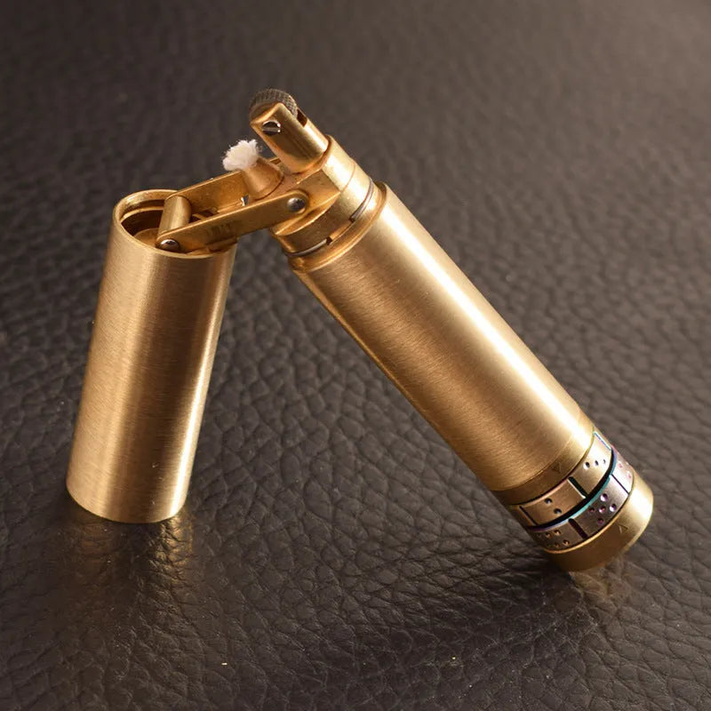Nunchaku brass kerosene lighter with metal body, YG brushed finish, 9.9cm closed and 12.7cm telescopic length