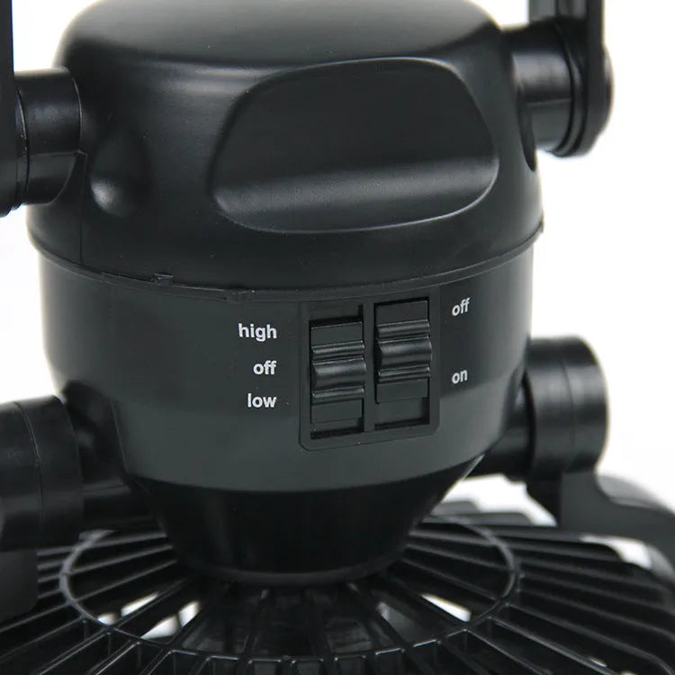 Multifunctional 18LED camping fan light in black, ABS construction, portable size 167 by 184 mm