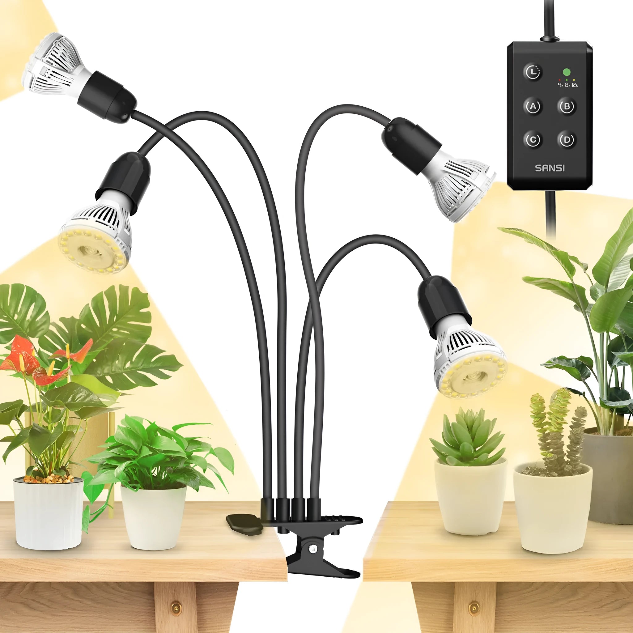 LED grow light with timer, full spectrum, gooseneck clip attached to shelf, 20W 30W 40W options for indoor plants