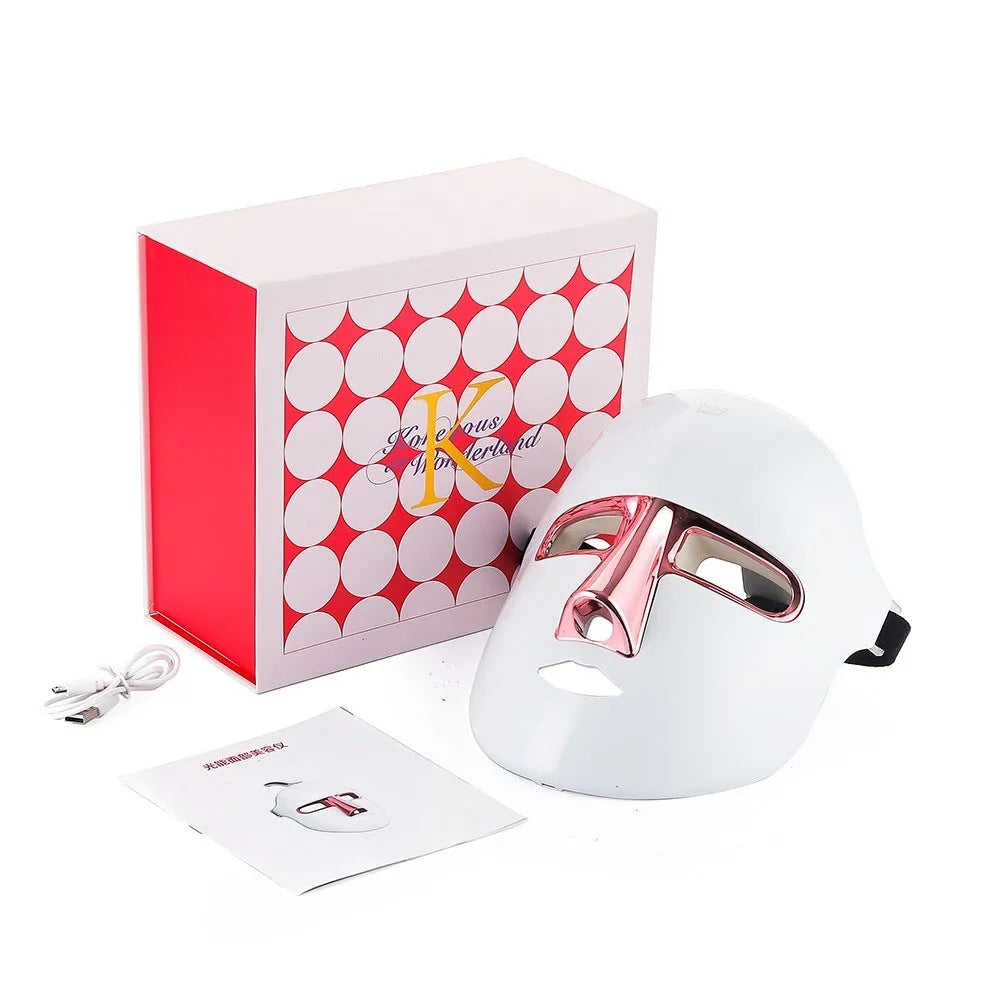 Rose gold or gold LED face mask with seven colour light modes and positive ion function, USB powered, with elastic band.