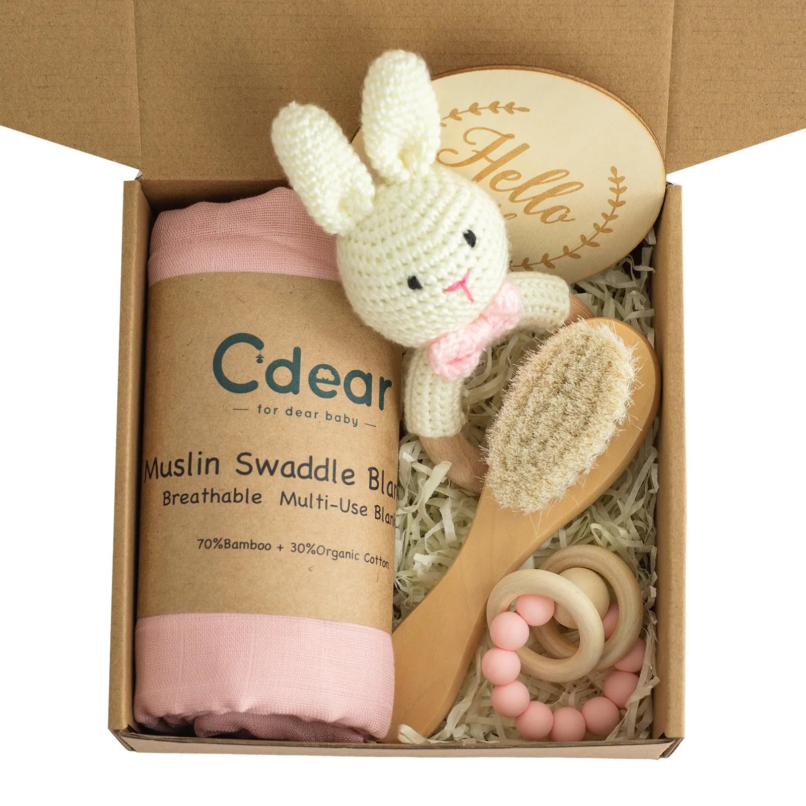 Baby teething toy set with bamboo blanket, wooden teether, bell, tyre brush and milestone for infant development