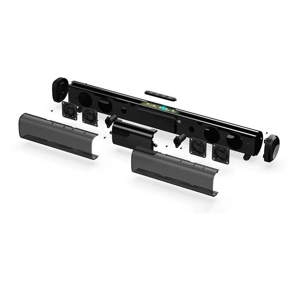 Black Bluetooth sound bar speaker measuring 58.5cm long with four speakers and button controls