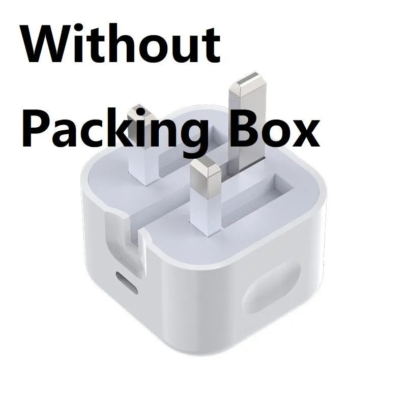 White 20W USB-C UK wall charger with a fixed three-pin plug and a USB-C cable.