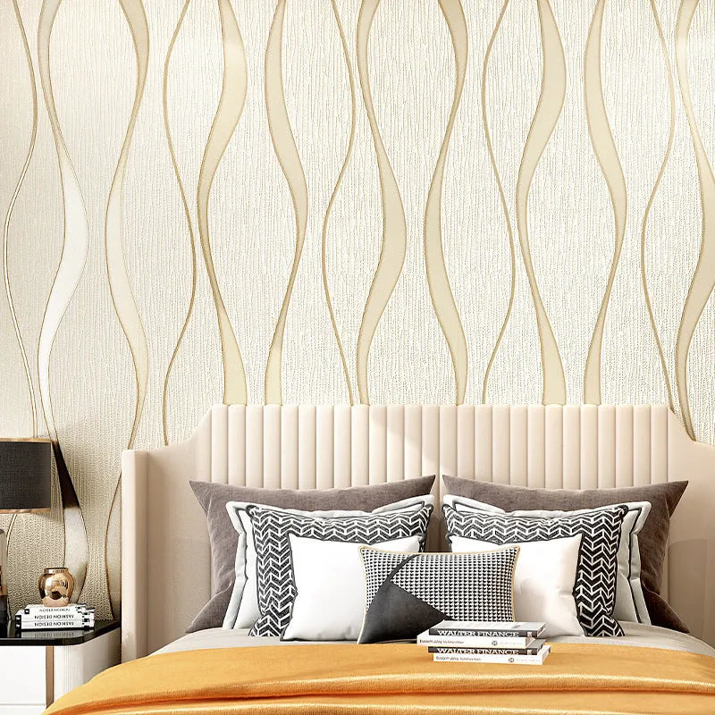 Close-up of dark brown 3D curve stripe textured wallpaper with deerskin velvet finish.