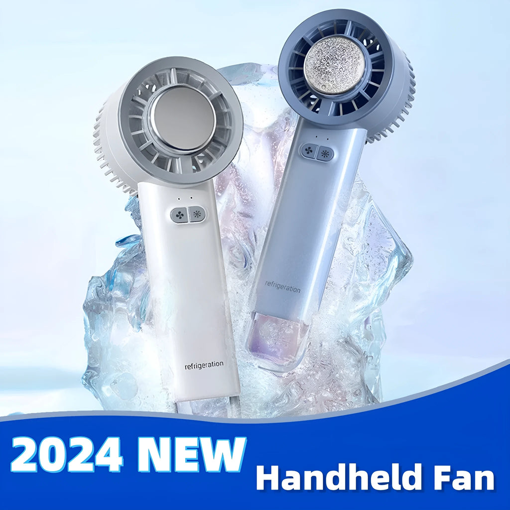 White handheld turbo jet fan with three blades, showing touch controls and compact portable design.