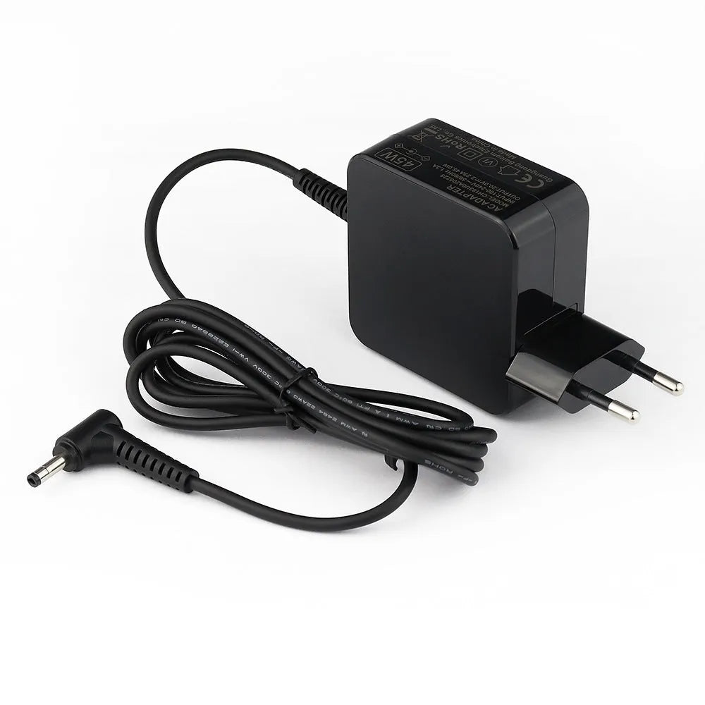 Black 45W laptop power adapter with US plug and attached DC charging cable.