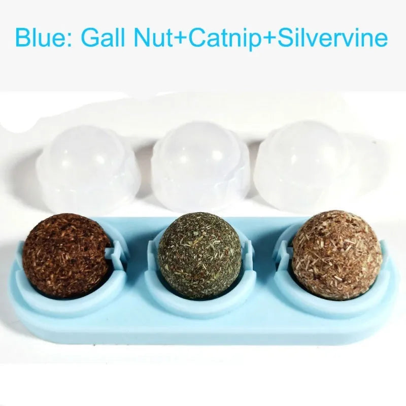Self-adhesive rotated catnip lick ball for cats in blue, green, pink, white, mint, red colours with natural ingredients