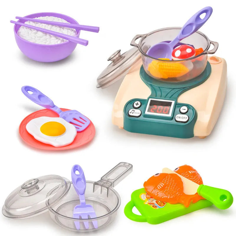 Children's plastic play house kitchen toy with simulation induction cooker for infants