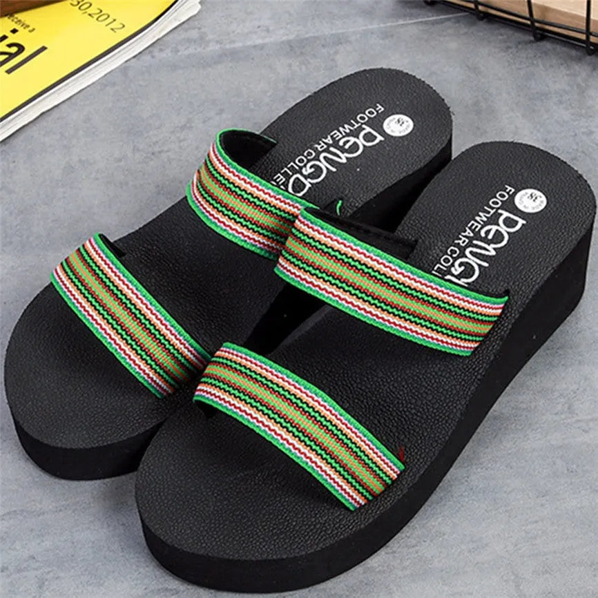 Women's bohemian summer slippers in brown, green, and red with elastic EVA upper.