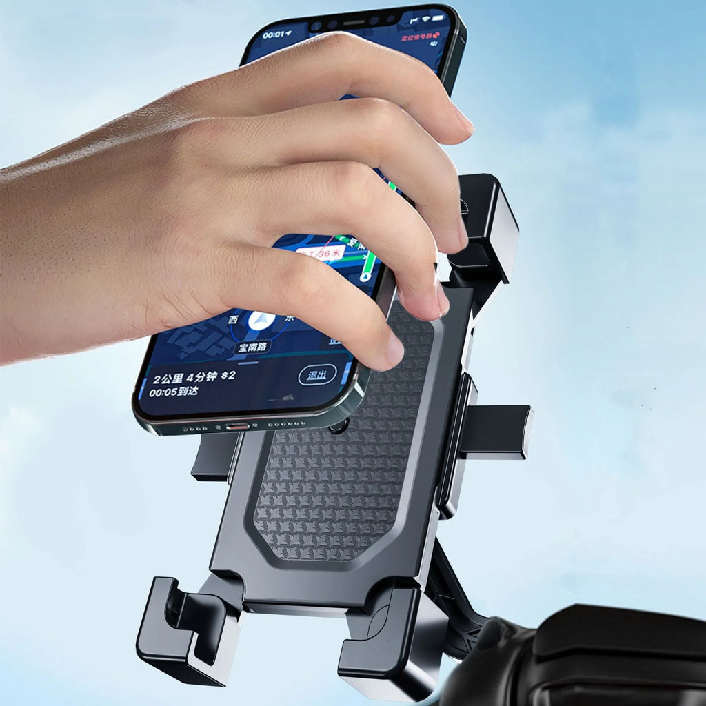 Bicycle phone holder with four-corner design on handlebar, black PVC, compatible with 4.5-6.3 inch phones