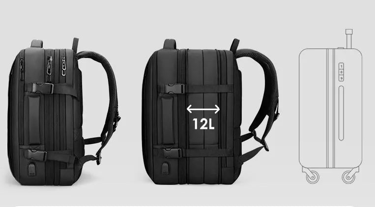 Large 36-55L men's backpack with zip opening and internal pockets, in black