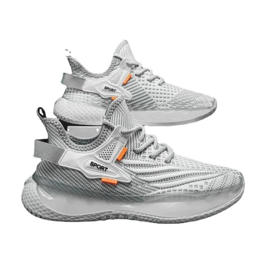 Men's white mesh platform sneakers with flat rubber soles and front lace-up closure