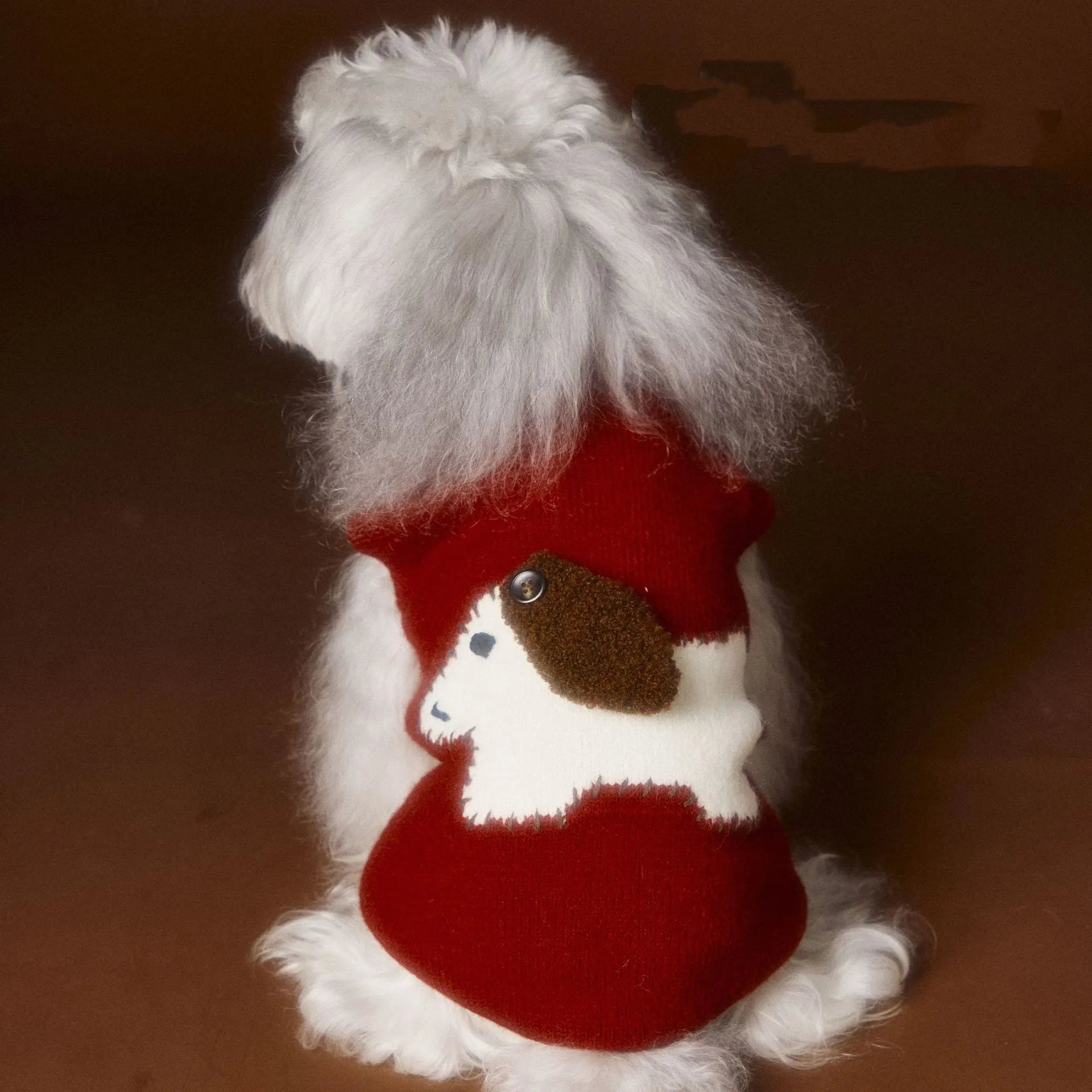 Red wool sleeveless sweater vest for small dogs like Schnauzer, Teddy, Bichon, shown on pet