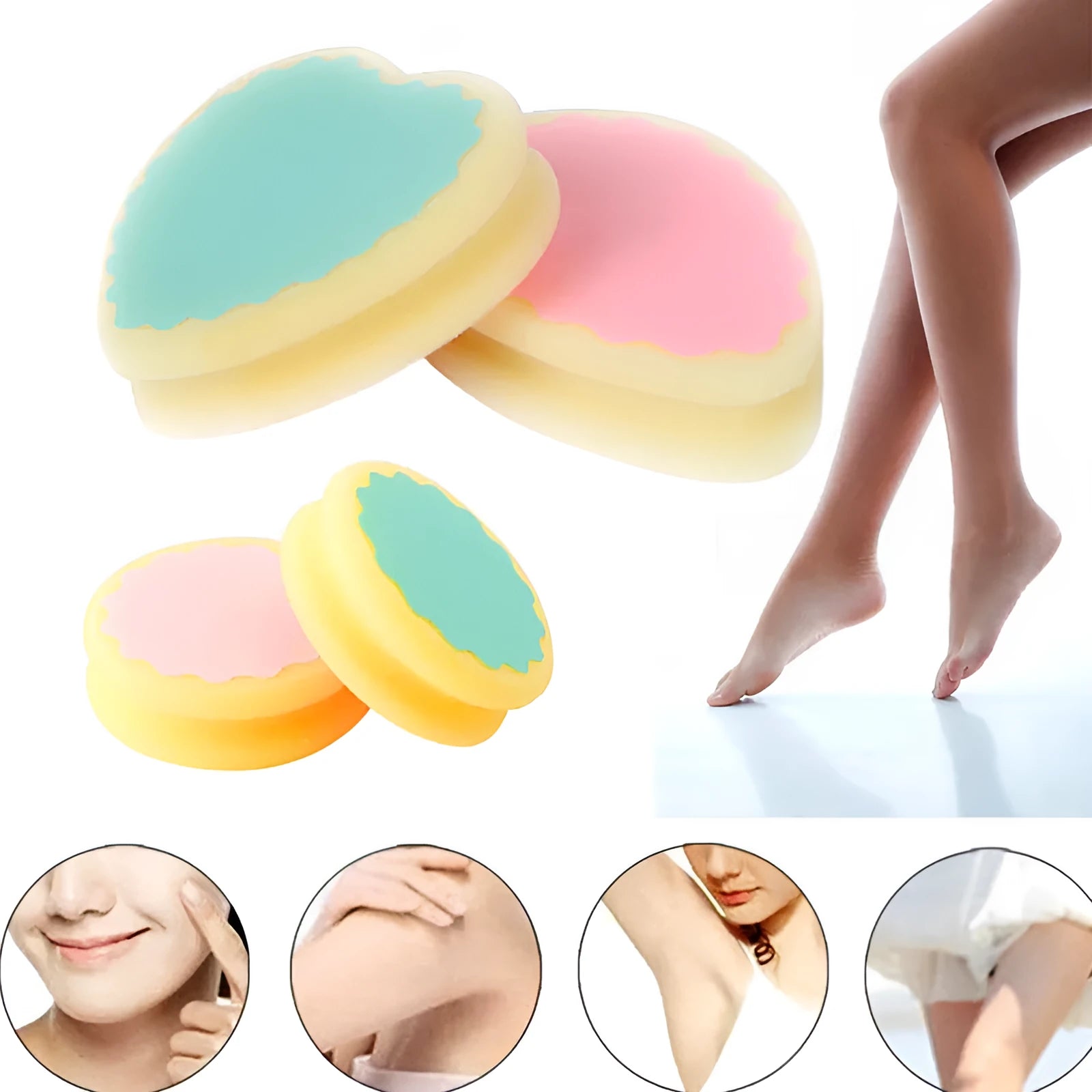 Pink and green reusable hair removal sponge pad in water drop shape, 9x10cm