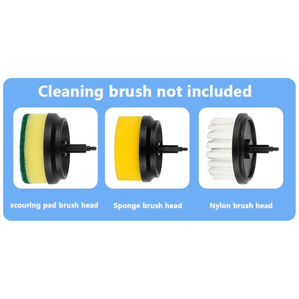 USB rechargeable electric cleaning brush with scouring pad, brush, and sponge heads in white.