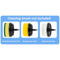 USB rechargeable electric cleaning brush with scouring pad, brush, and sponge heads in white.