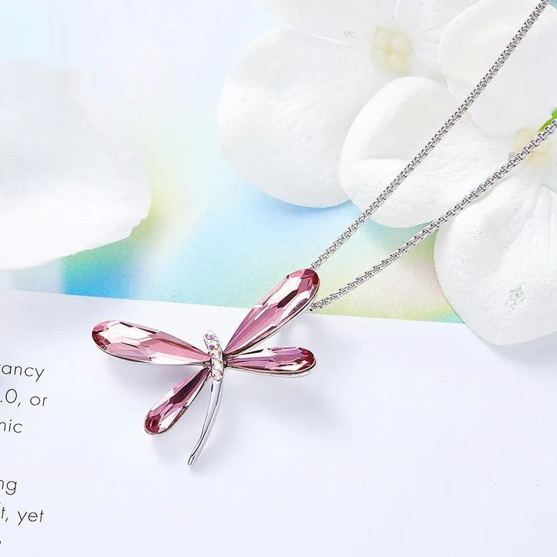 Crystal dragonfly pendant necklace on copper box chain, adjustable 21-50cm, available in denim blue colour option