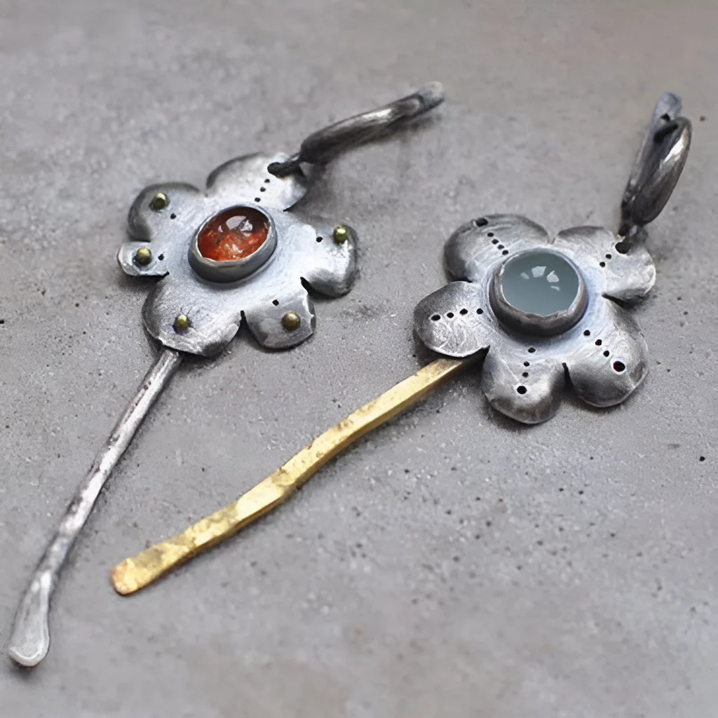 Retro geometric flower drop earrings with asymmetrical two-tone electroplated finish
